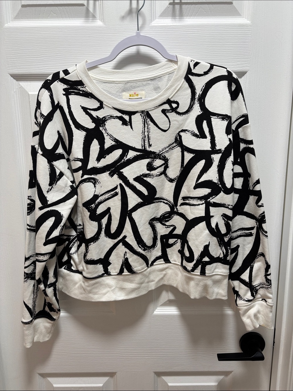 Maeve White Crewneck Shirt with Black Heart Brushstroke Print